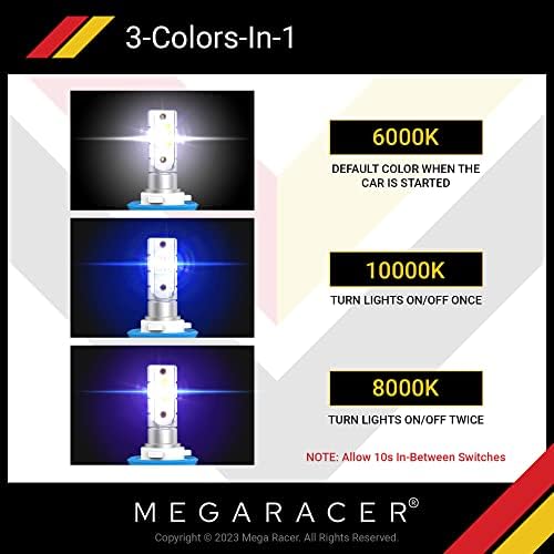 Mega Racer H11/H8/H9/H16 נורות פנס LED, 3 צבעים מחליפים אורות לקורה גבוהה, קרן נמוכה או אור ערפל, 50W 8000