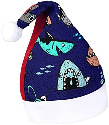 סקיצה כריש דפוס פאייטים חג המולד כובעי סנטה חג המולד כובע למבוגרים שמח מסיבת תלבושות בני כובע אדום / ירוק