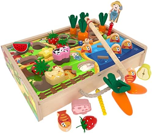Mtyokiln Toddlers Montestori צעצועים חינוכיים מעץ לגיל 2 3 בנים ונערות תינוקות, גזר חווה משחק חווה