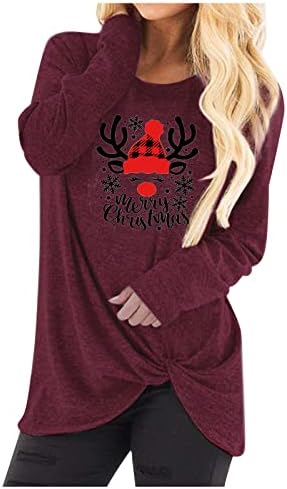 צמרות נפילות נשים עיצוב קשר צוואר סווטשירט סווטשירט ארוך מודפס חג מולד חולצות שרוול ארוך גדול לבנות