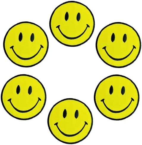 XOMISE הרבה 6 יח 'צבע צהוב עגול חיוך מצחיק חיוך רטרו היפי DIY ברזל על טלאים רקומים