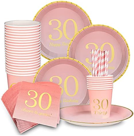 מפלגת קישוטים ליום הולדת 30 מפיות מפיות, מתנות ליום הולדת 30, כוסות, צלחות, קשיות - 24 סטים