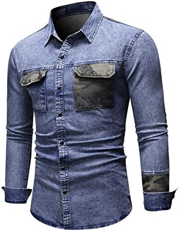 Colorblock Pocket Pocket כפתור דש לשטוף דש ג'ינס שרוול ארוך חולצות גברים אופנה רזה