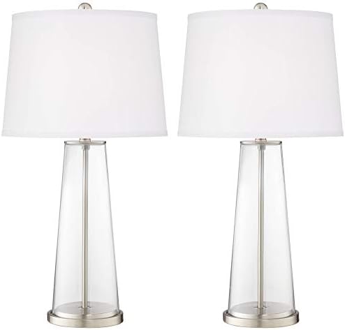 צבע + בתוספת ליאו מודרני שולחן מנורות 29 1/2 גבוה סט של 2 ברור זכוכית מחודד למילוי טור רגיל לבן תוף צל דקור לחדר