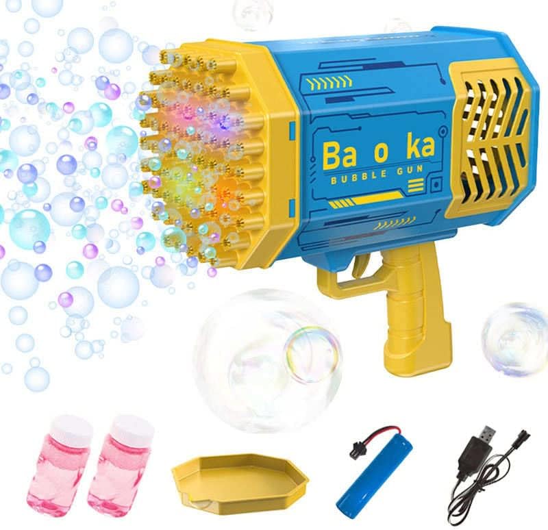 אקדח בועת בועת Bazooka באקדח - מכונת בועה של 69 חורים, שלמה עם נוזל בועה וסוללה נטענת - עיצוב צבעוני ומרגש - מושלם