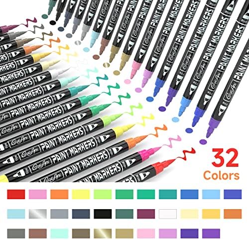 סמני צבע קוקאני עטים צבע, 32 צבעים קצה כפול קצה אקרילי עטים לעץ, בד, זכוכית, קרמיקה, בד, ציור סלע, ​​מלאכות