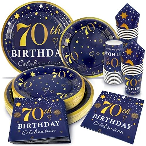 קישוטים ליום הולדת 70 צלחות ומפיות כחול וזהב, שירות ל -30, צרור מסיבת יום הולדת 70 כולל צלחות