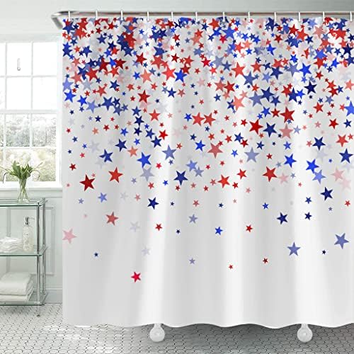 טומוז 4 ביולי וילון מקלחת, כוכבים אדומים וכחולים וילון מקלחת יום עצמאות אמריקני לחדר אמבטיה, וילון