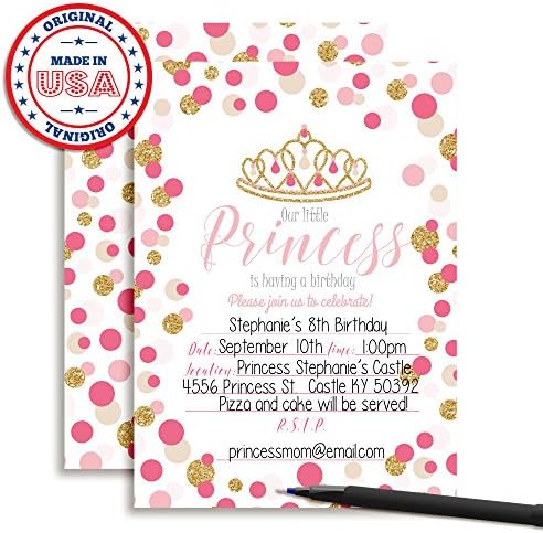 נצנצים ורוד וזהב פולקה נקודה נסיכה נסיכת יום הולדת הזמנות לבנות, 20 5 x7 מלא קלפים עם עשרים מעטפות
