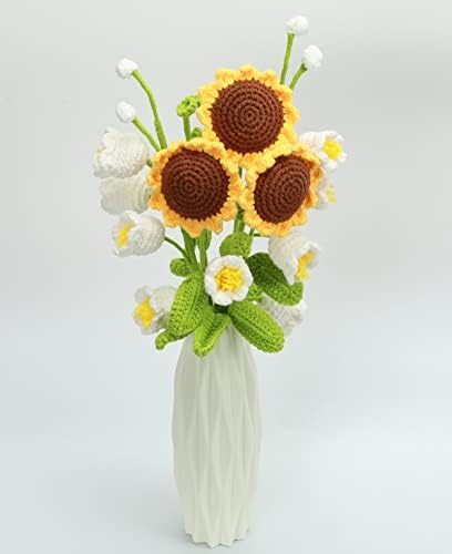סריגת סריגה סרוגה סרוג זר פרח בעבודת יד עיצוב חמניות על ידי כותנה פרחים מלאכותיים זר עבודת יד Wonvallaria