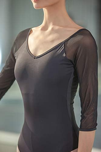 נשים לבנות 3/4 שרוול בגד גוף רשת בגדי ריקוד עם צוואר נמוך עם גב בטנה עצמית
