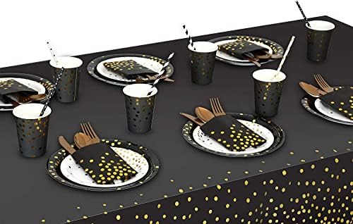 12 חבילה שחור וזהב חד פעמי פלסטיק מפת שולחן עבור מלבן שולחנות, חד פעמי עמיד למים מסיבת שולחן כיסוי
