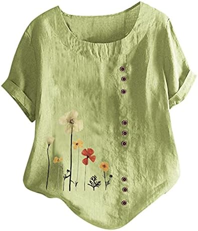 צמרות פשתן כותנה לנשים כפתור שרוול קצר בקיץ חולצות גדולות על חולצות טוניקה פרחוניות