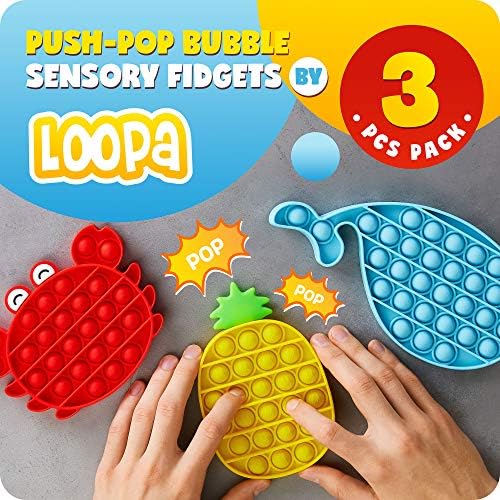 בועת פופ דחיפה של Loopa בגודל גדול 3 יחידים, סחיטת סיליקון צעצוע של צעצועים חושי, אנטי-חרדות והקלה