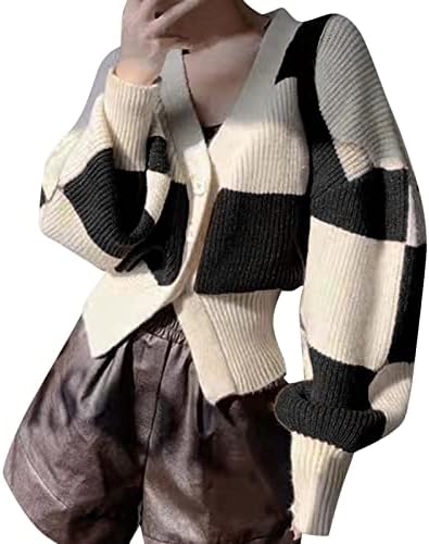 2022 סוודר נשות חורף אופנה רופפת שרוול ארוך משובץ דפוס צוואר עגול סוודר סוודר חבר פתוח קרדיגן