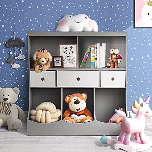 מארגן אחסון צעצועים של YGBH עם ארון ספרים, ארון אחסון צעצועים עם פחים, יחידת אחסון פעוטות רחבה עם 8 תאים ו
