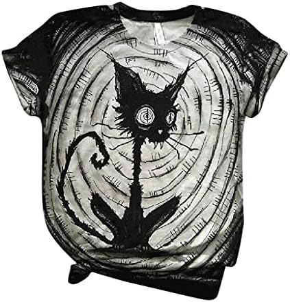 חולצות ליל כל הקדושים לנשים, חולצות לנשים חתול שחור חולצות מודפסות חולצה קיץ חולצה עליונה קז'ן צמרות