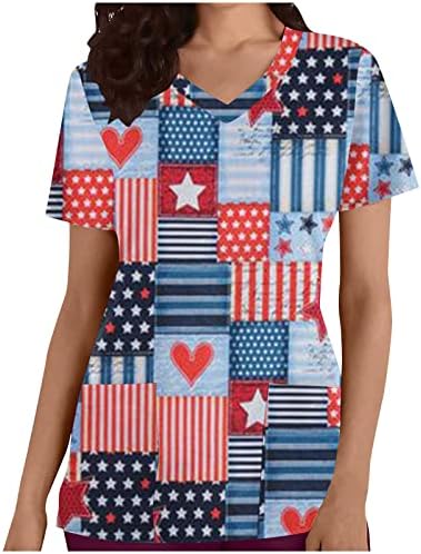 צמרות 4 ביולי לנשים דגל אמריקאי מזדמן מודפס טי פטריוטי נגד חולצת טריקו שרוול קצר עם חולצות כיסים