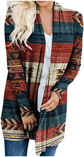מערבי אתני האצטקים ארוך קרדיגן לנשים בציר גרפי הדפסת חזית פתוחה סוודר גדול ארוך שרוולים הלבשה עליונה