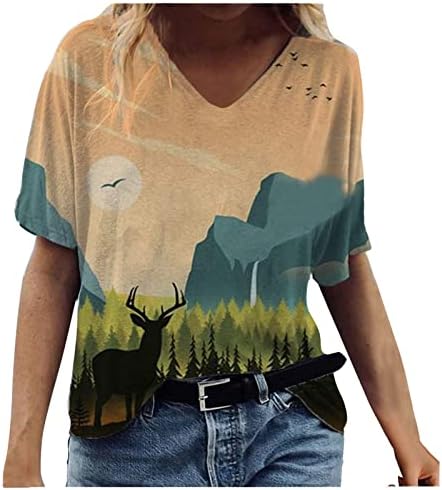 חולצות קיץ לנשים שרוול אמצעי מודפס מזדמן V