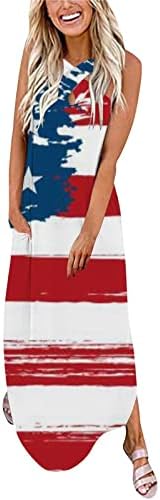 4 יולי מקסי שמלה לנשים קיץ מזדמן ארה ב דגל בוהו שמלה ללא שרוולים צלב הלטר צוואר כוכבים פסים ארוך שמלה
