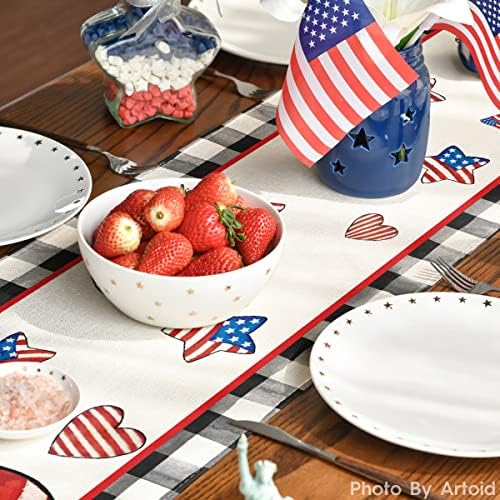 מצב ארטואידי שחור משובץ באפלו משובץ גנום דגל אמריקאי כוכבי רץ שולחן 4 ביולי, קישוט שולחן אוכל למטבח לעיצוב מסיבה