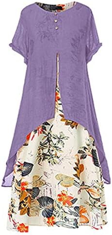 שמלת כותנה ושמלת פשתן של אילוגו בוהו דפסה צוואר עגול שקר שתי שמלות קיץ חמודות עם שרוולים קצרים