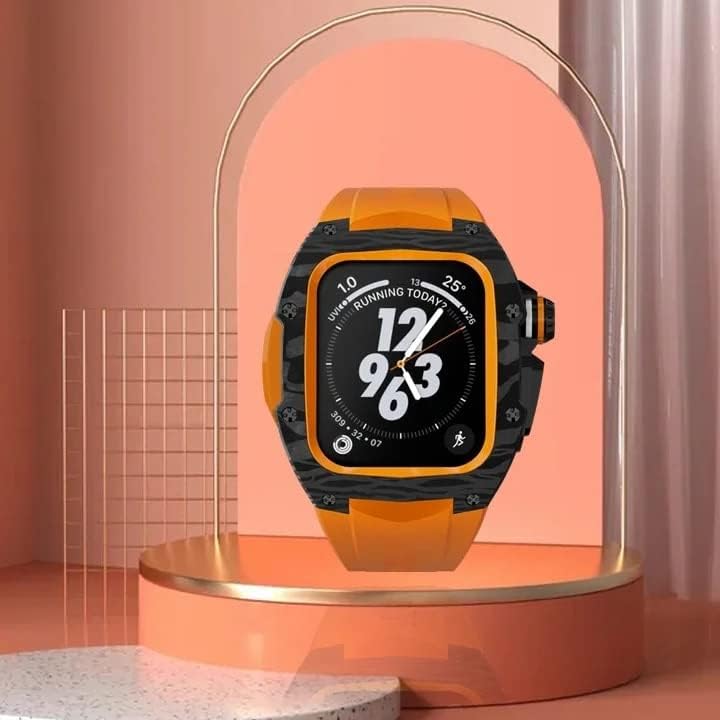 ערכת שינוי סיבי פחמן Eeomoik עבור Apple Watch 8 7 45 ממ 44 ממ רצועת גומי יוקרה מסגרת מתכת מסגרת סגסוגת עבור iWatch