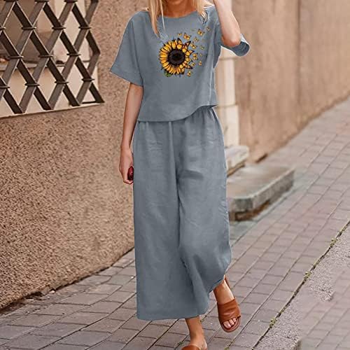תלבושות 2 חלקים לנשים קיץ כותנה מזדמנים מכנסי רגל רחבים וטיזים מערכות שרוול קצר נוחות סטים פרחים