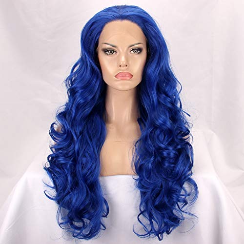 כחול תחרה מול פאה ארוך גוף גלי פאה סינטטי שיער מראה טבעי פאות עבור נשים