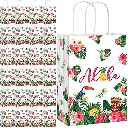32 חבילה הוואי נושאים נייר תיק אלוהה מתנת נייר תיק נושאים טרופיים תיק עם ידיות קיץ טרופי ואאו לטפל שקיות