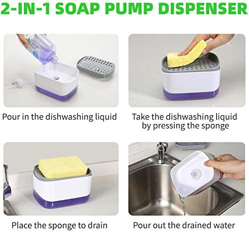 מתקן לסבון כלים למטבח, מתקן לסבון ומחזיק ספוג, מתקן למשאבת סבון על השיש, מתקן לסבון 2 ב-1-מתקן למשאבת סבון ביד
