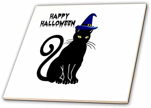 3תמונת ורד של חתול שחור עם כובע מכשפות כחול אומר ליל כל הקדושים שמח-אריחים