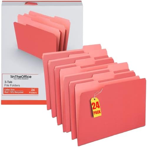 1במשרד אדום קובץ תיקיות, למעלה-כרטיסייה קובץ תיקיות, 3 כרטיסייה, אדום, מכתב גודל, 24 / חבילה