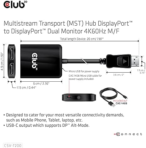 Club 3d Dual 4K 60Hz Displayport Splitter ל- 2-Displayport 1.4 עבור 8K ו- 4K 120Hz MST Hub CSV-7200