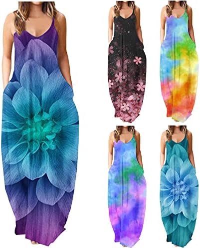 שמלת מקסי של Hot6SL לנשים, פלוס שמלה בגודל לנשים 2023 שמלות קיץ כיסים שמלת ספגטי קיץ ללא שרוולים