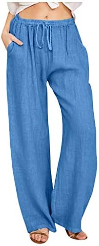 פשתן פשתן רחבה מותניים נשים מכנסיים מוצקים מכנסיים אלסטיים כותנה ארוכה מכנסי מכה פלוס מכנסיים בגודל נשים