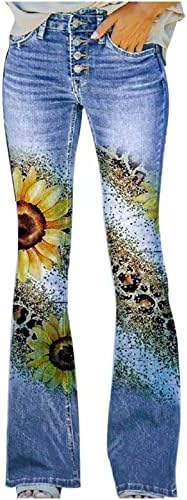 מכנסי ג'ינס עם מותניים גבוהים לנשים 2023 כפתור קיץ הדפס פרחוני התלקחות ג'ינס פעמון תחתון נמתח מכנסי רגל ישר