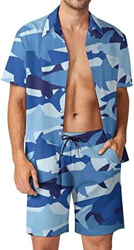 Weedkeycat כרישים כחולים הסוואה תלבושות חוף לגברים 2 חלקים כפתור הוואי מטה חולצה קצרה שרוול ומכנסיים