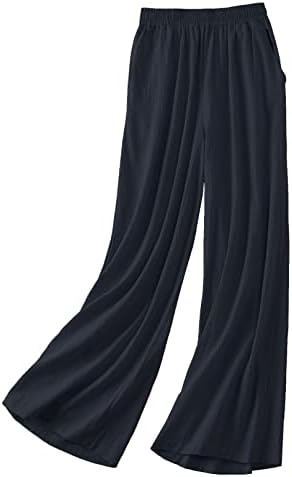 מכנסי פשתן של הנשים המותניים האלסטיים המותניים האלסטיים רחבים מכנסיים זורמים ברגליים פלוס גודל