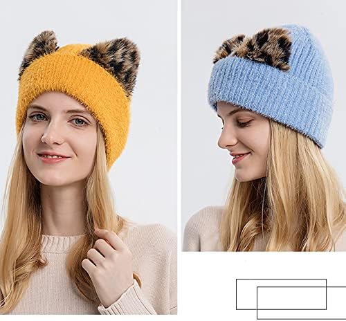 כובע כפה של Yekeyi לנשים כובע חורף חמוד של חתול אוזניים עם כובעי כפה של קרניים סרוג מכסי סקי חמים