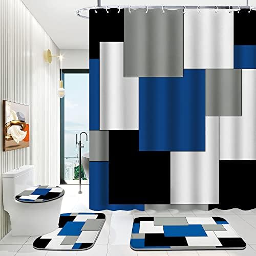 ערכות אמבטיה כחולות של אניורס עם וילון מקלחת ושטיחים, סט וילון מקלחת גיאומטרי 4 חלקים עם שטיחים,