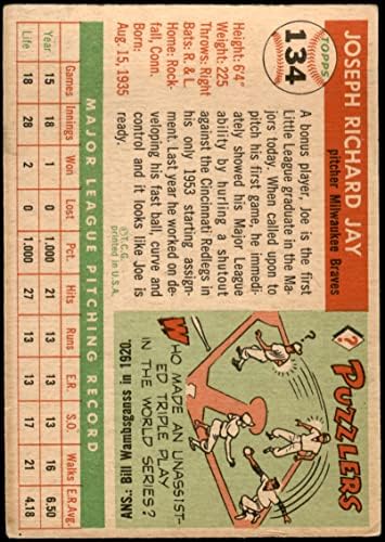 1955 Topps 134 Joey Jay Milwaukee Braves VG+ Braves