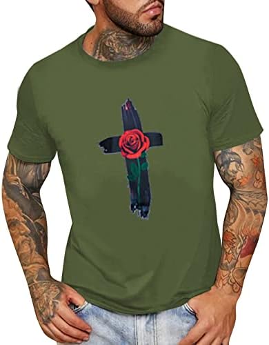 חולצות טריקו של שרוול קצר של XXBR גברים, ישו קרוס ורד הדפס צוואר צווארון חולצה בסיסית