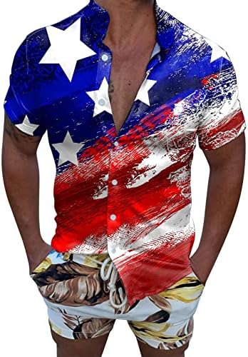 XXBR חולצות הוואי לגברים, יום העצמאות כפתור שרוול קצר במורד חולצת הקיץ TIRLE רגוע צמרות חוף מזדמנים