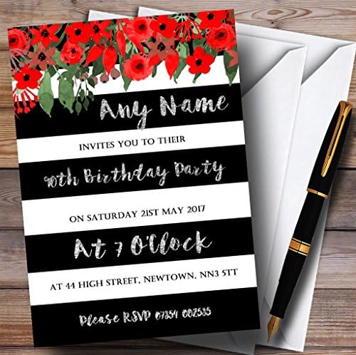 פרחוני אדום שחור לבן כסף לבן 90 הזמנות למסיבת יום הולדת בהתאמה אישית