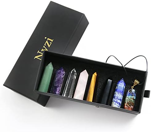 שרביטי קריסטל ריפוי NVZI, מגדלי קריסטל, אורגונה 7 שרשרת צ'אקרה עם קופסת מתנה פרימיום, 7 גבישי צ'אקרה