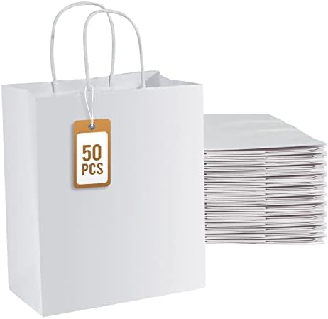שקיות מתנת שקיות נייר קראפט בינוניות לבנות עם ידית, 10.6 על 4.3 על 8.3 שקיות לטובת מסיבה 50 יחידות,