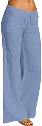 גופף נשים של כותנה פשתן פאלאצו מכנסיים מקרית רחב רגל ארוך מכנסיים עם כיסי פשתן מכנסיים לנשים גבוהה מותן