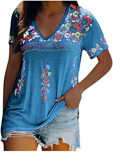 נשים בציר מקסיקני חולצות קיץ קצר שרוול מערבי אתני סגנון טיז חולצות בוהו פרחוני הדפסת חולצות טוניקות